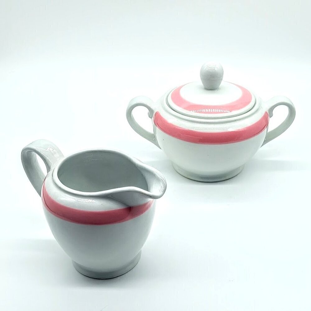 Arabia Finland Ribbons Pink Covered Sugar Bowl & Creamer Pitcher Set